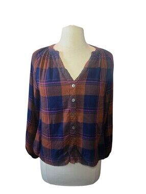 Evereve Medium Women Button Up Plaid Shirt Cropped V-Neck Rayon